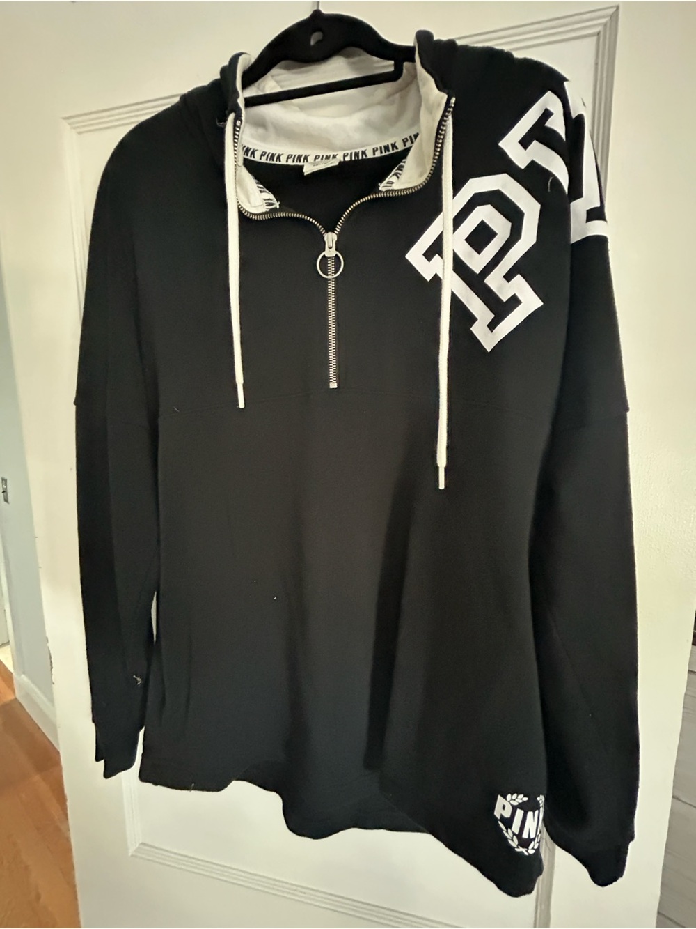 Victoria's Secret PINK Black Half-Zip Hoodie Sweater with White Accents